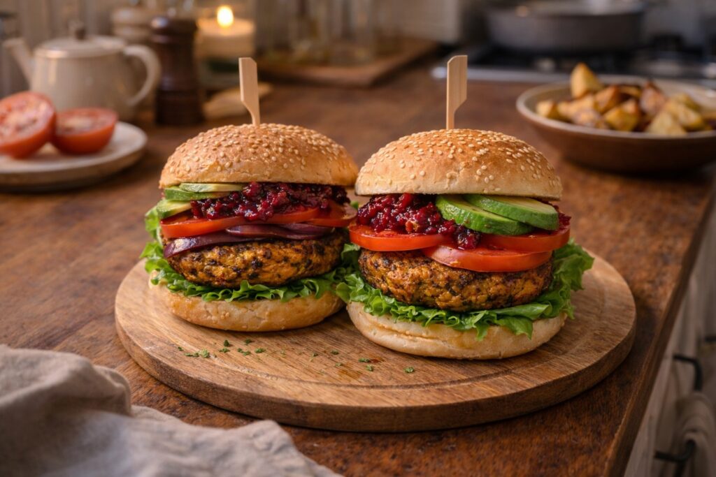 Aussie-style vegan veggie burgers served with fresh salad and buns