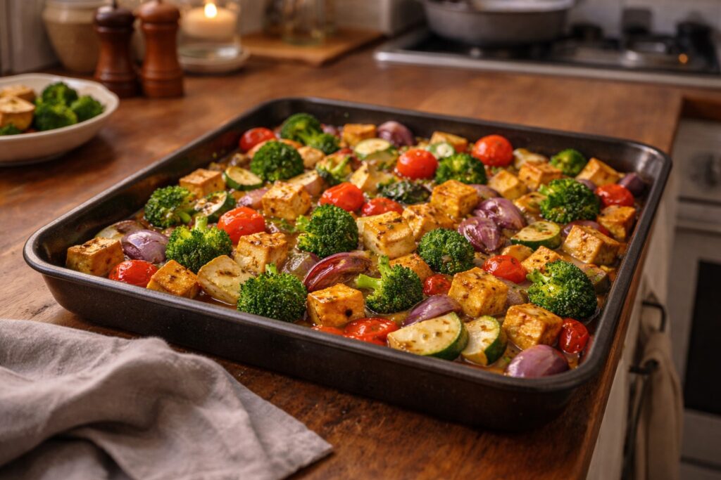 One-pan vegan veggie bake with roasted vegetables and golden tofu cubes