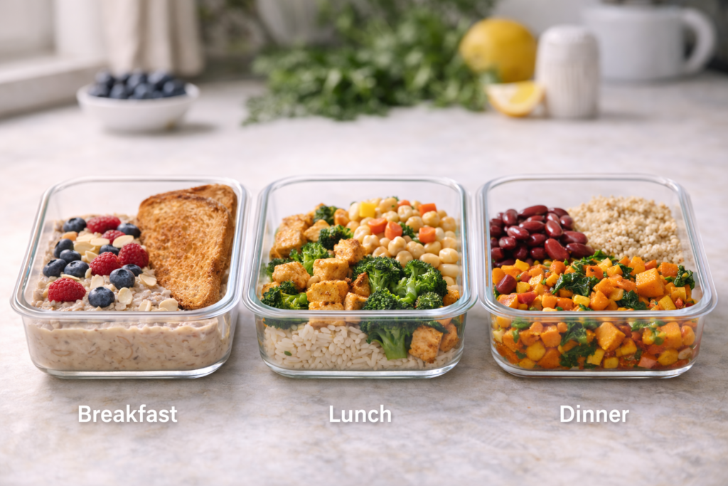 Weekly vegan meal prep containers with breakfast, lunch, and dinner meals in an Australian kitchen