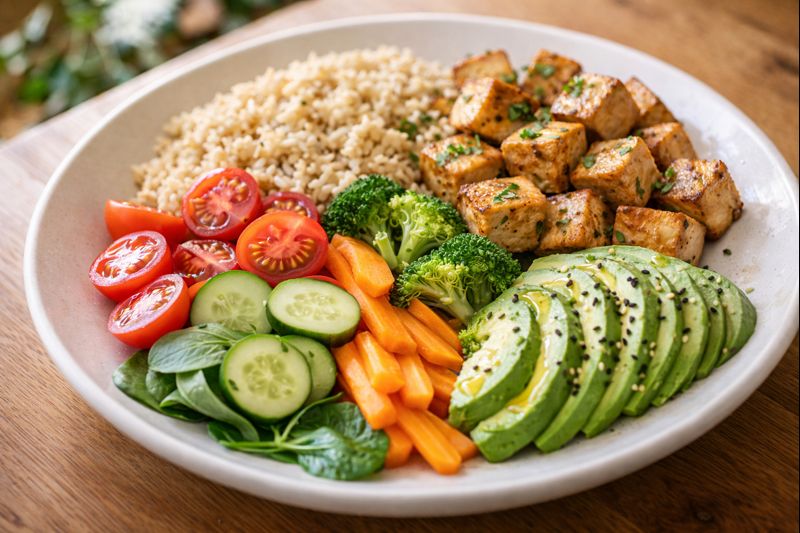 Balanced vegan meal with plant-based protein, whole grains, and vegetables in Australia