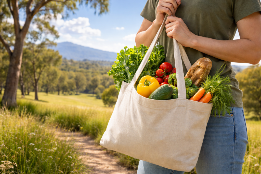 Eco-friendly vegan lifestyle in Australia with fresh vegetables and sustainable living concept