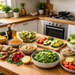 Healthy vegan lifestyle in Australia with fresh plant-based foods in a modern kitchen
