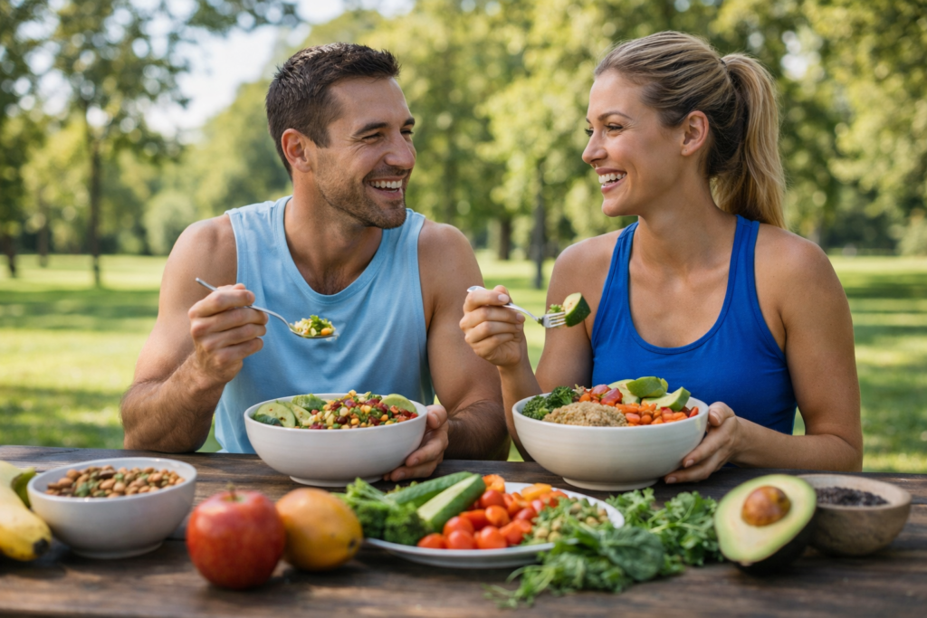 Healthy Australian couple enjoying a vegan meal outdoors representing a balanced vegan lifestyle in Australia