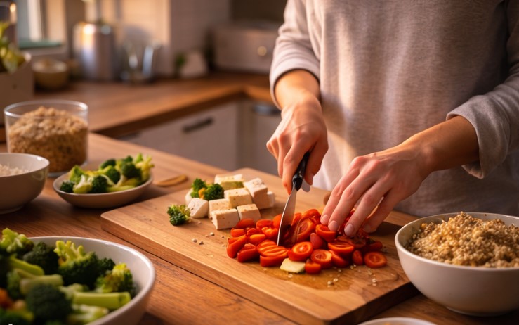 Preparing a high-protein vegan dinner at home in Australia