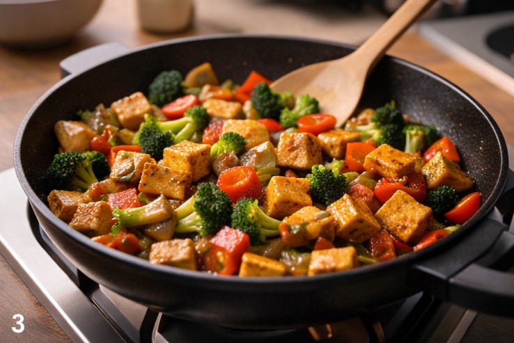 Tofu and vegetable stir-fry high-protein vegan dinner