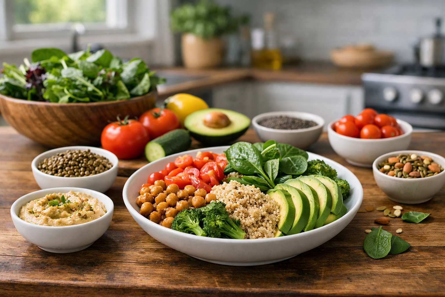 Healthy vegan diet in Australia with fresh vegetables, grains, and plant-based foods on a modern kitchen table