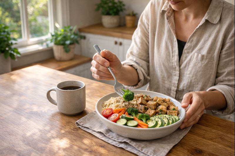 Person preparing a healthy vegan meal at home in Australia using fresh vegetables