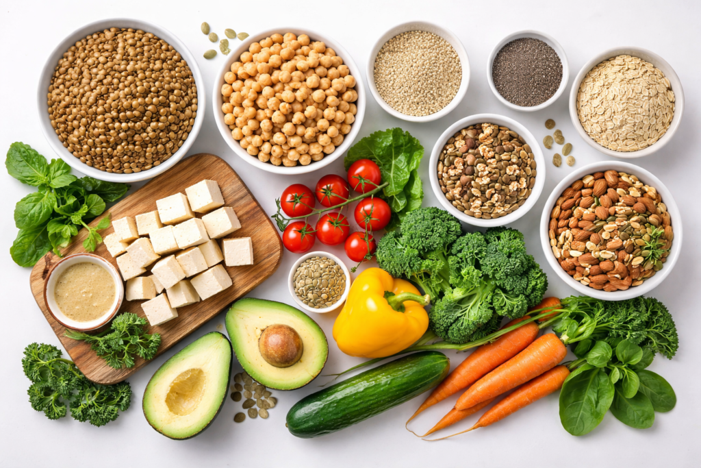 Vegan nutrition foods in Australia including lentils, tofu, nuts, seeds, and whole grains