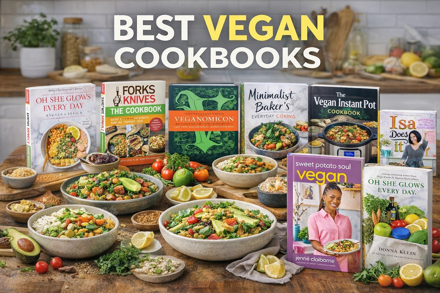 Feature image showing a collection of best vegan cookbooks on a kitchen table with colorful plant-based dishes