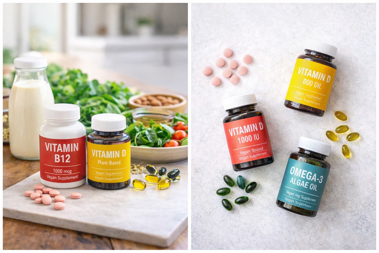 Vegan supplements including vitamin B12, vitamin D, and omega-3 for Australians